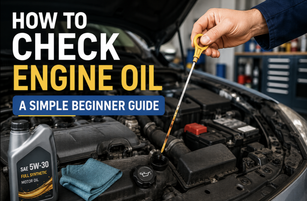 Person checking engine oil dipstick with car hood open