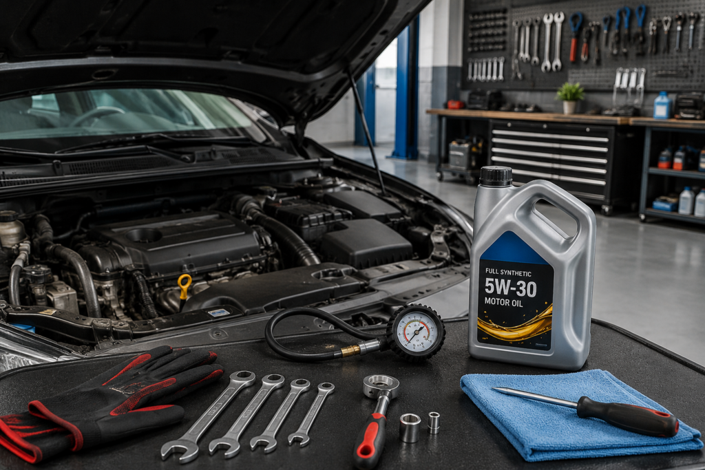 Car maintenance checklist for beginners with tools and open car hood